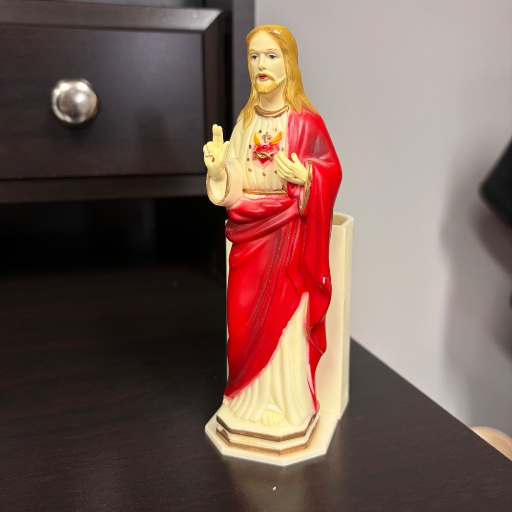 Vintage Sacred Heart of Jesus Plastic Statue Dashboard Figurine Desk Organizer